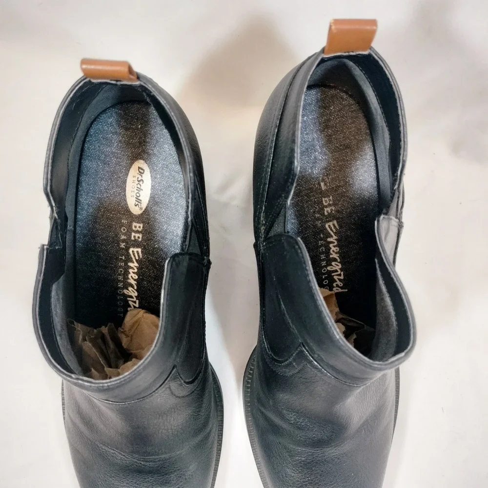 Dr. Scholls Black Ankle Boots; Block Heel Faux Leather Be Energized Size 8.5M